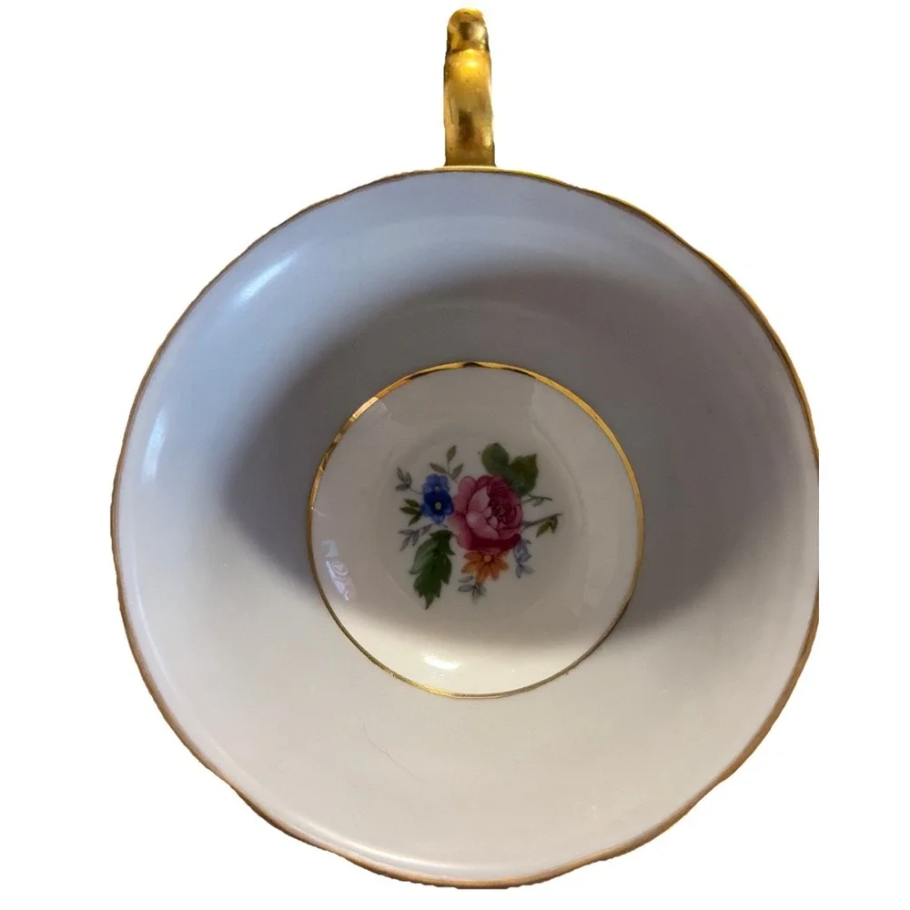 Royal‎  Bayreuth Gray Cup & Saucer With Pink Rose And Gold Trim Germany US Zone